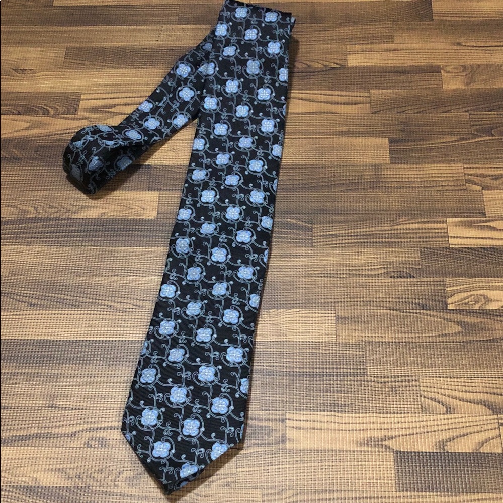 Tasso Elba Black Tie with Light Blue Floral Medallions